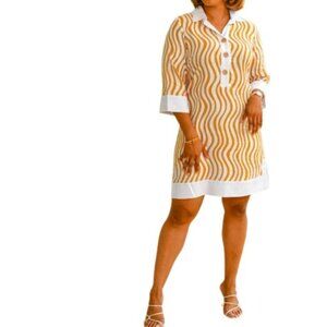 Glamour Womens Popover Shift Dress Cream Wavy Gold Stripe Linen Blend 16 New